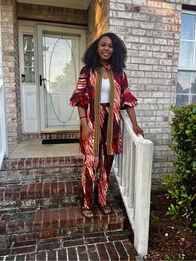 Women's Red Patterned Two-Piece Tunic & Pants Set
